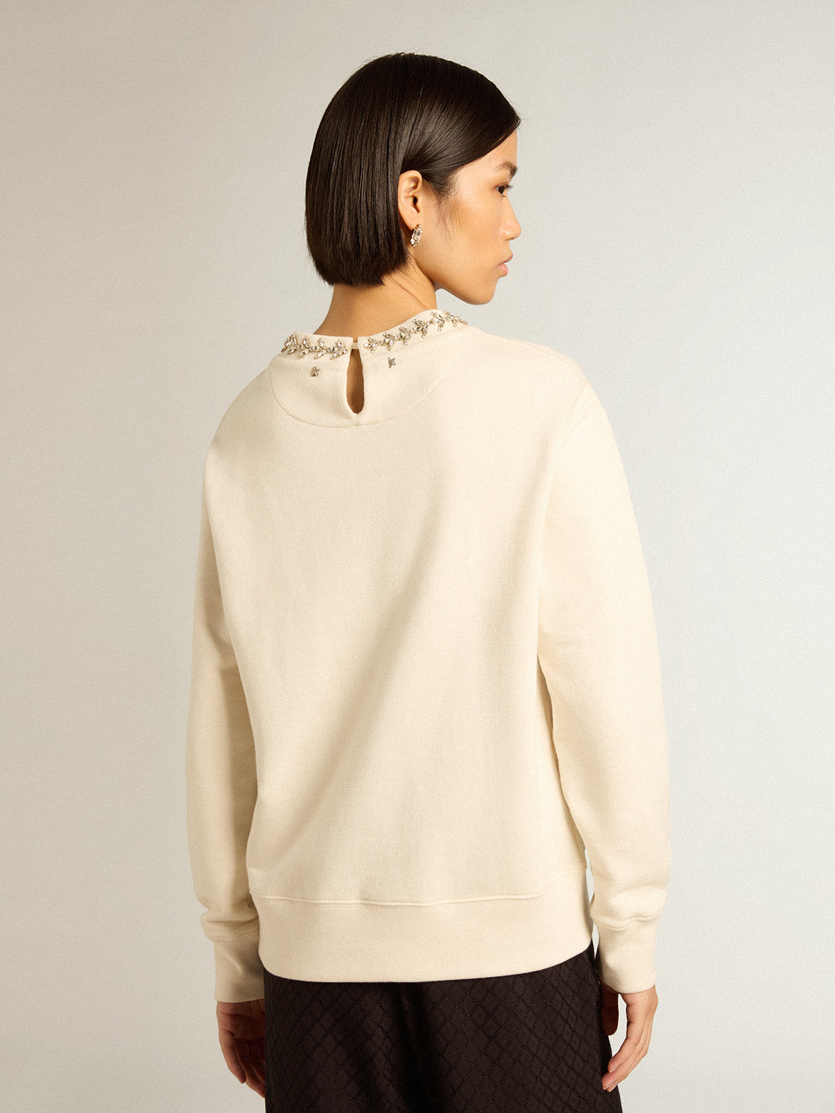 Round-neck cotton sweatshirt in aged white with hand-applied crystals| Golden Goose