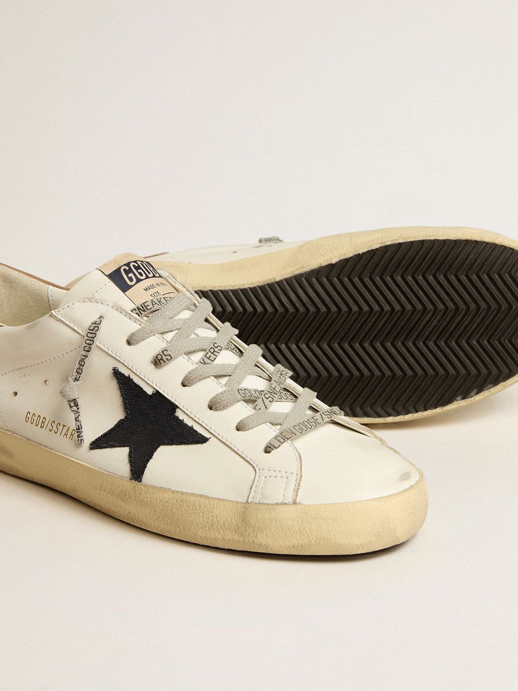 Super-Star with blue canvas star and tobacco leather heel tab| Golden Goose