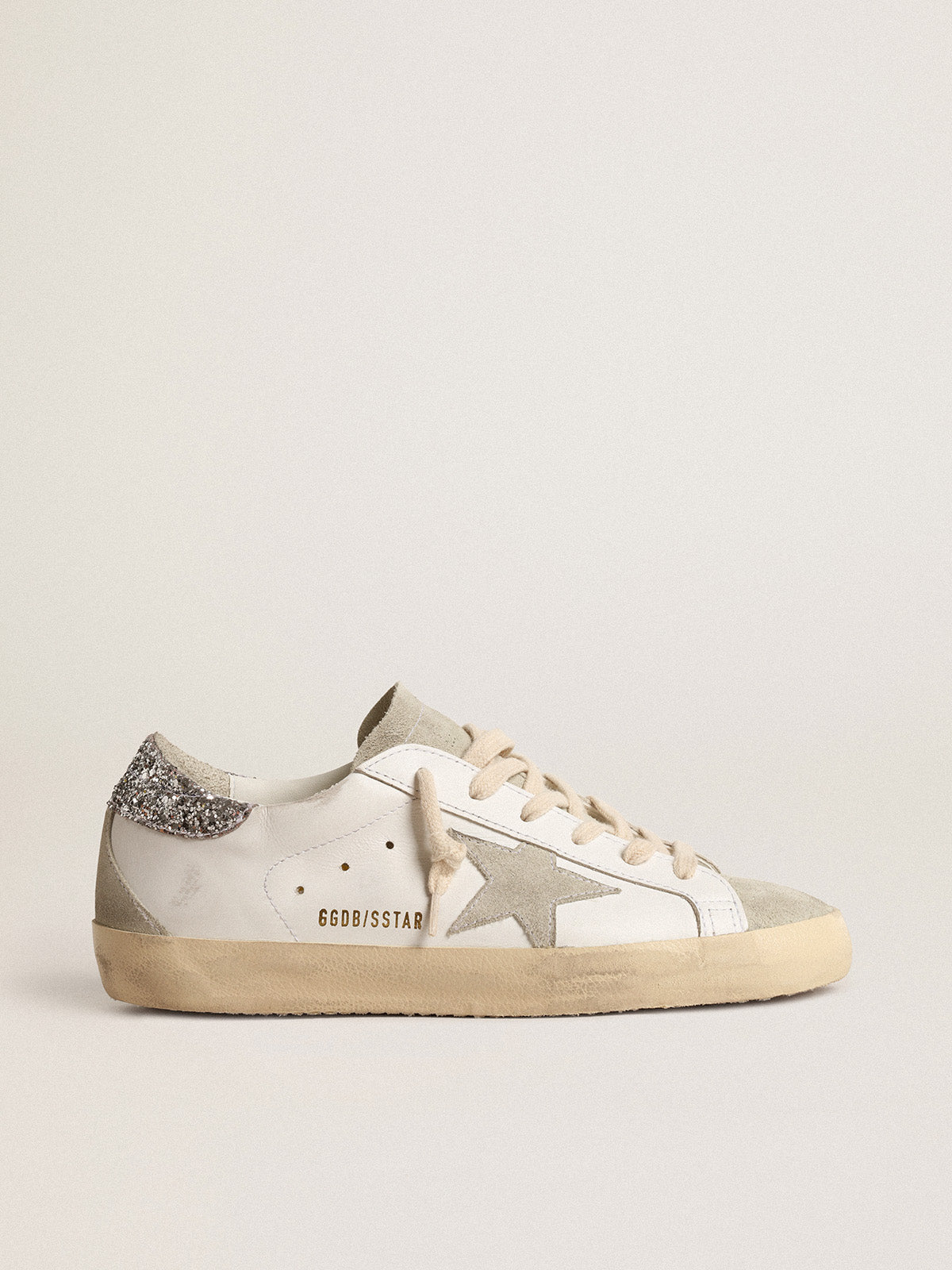 Super-Star with gray star and silver glitter heel tab| Golden Goose