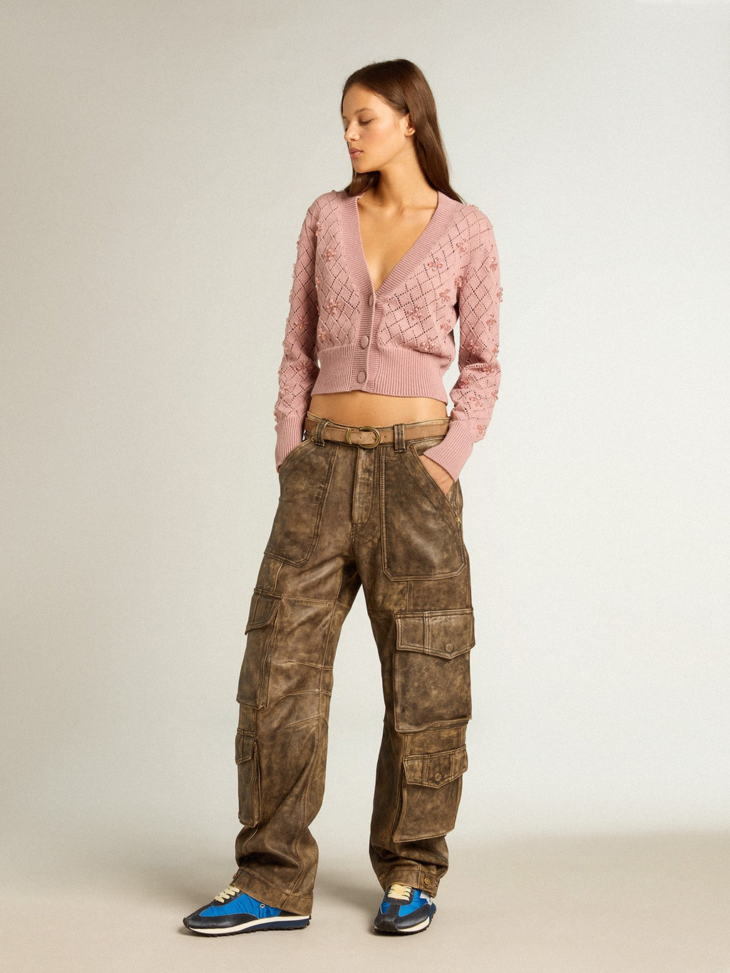 Openwork cotton cropped cardigan with decorative crystals| Golden Goose