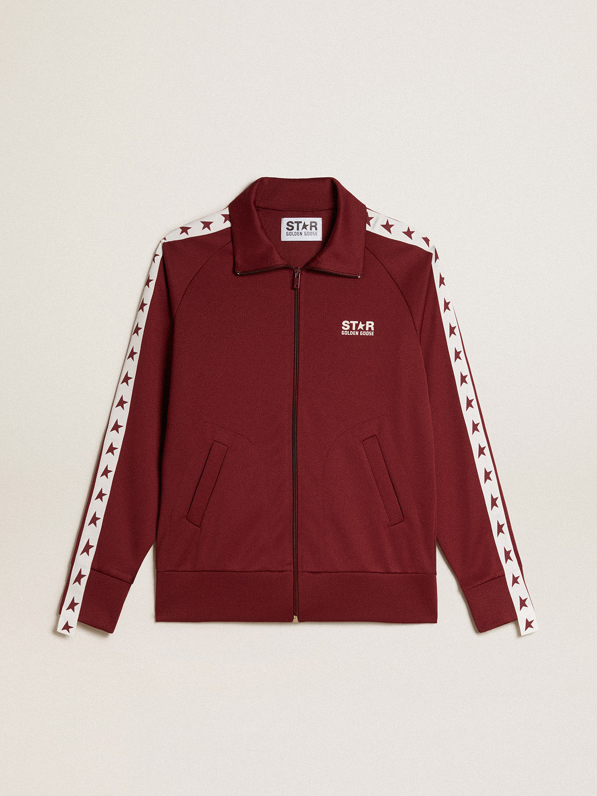 Women's burgundy zipped sweatshirt with white strip and contrasting stars| Golden Goose