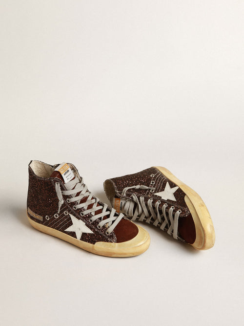 Francy Penstar in brown glitter with white leather star| Golden Goose