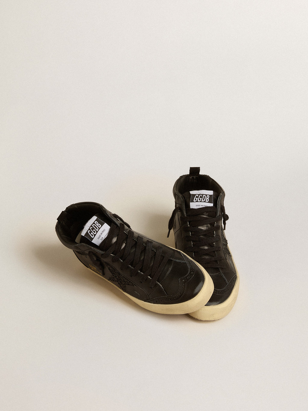 Mid Star in black nappa with black glitter star and suede flash| Golden Goose
