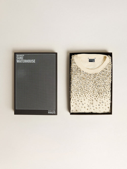 Exclusive HAUS of Dreamers T-shirt in worn white with Swarovski embroidery| Golden Goose