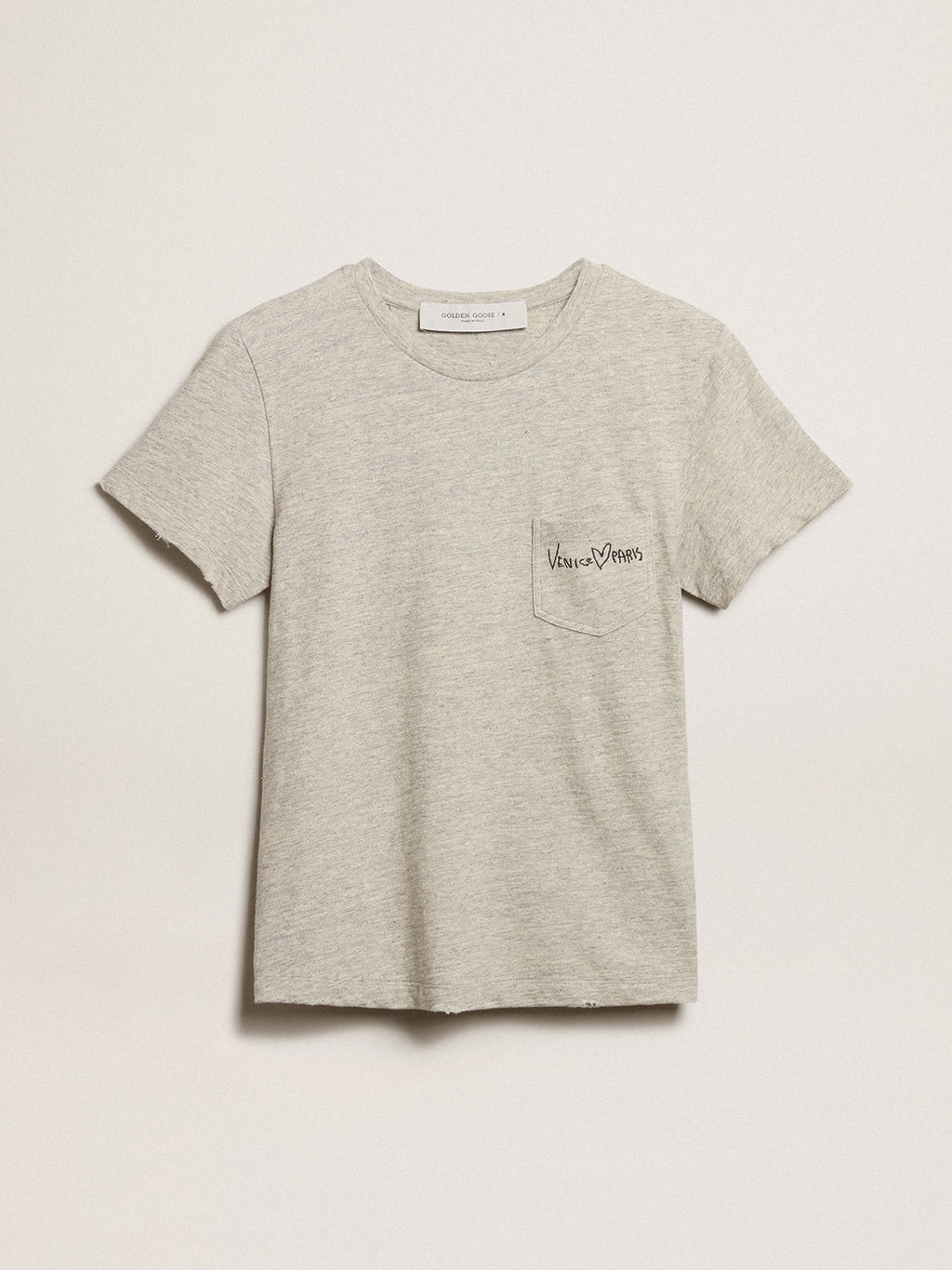 Women's gray melange cotton T-shirt with embroidered lettering| Golden Goose