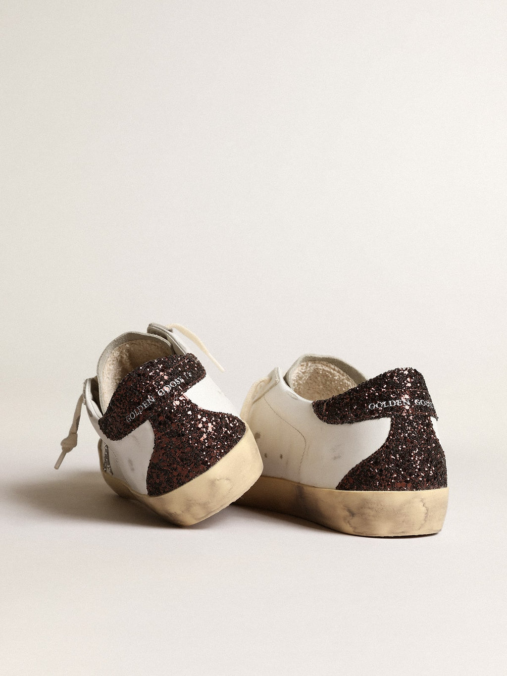 Women's Super-Star with silver star and brown glitter heel tab| Golden Goose