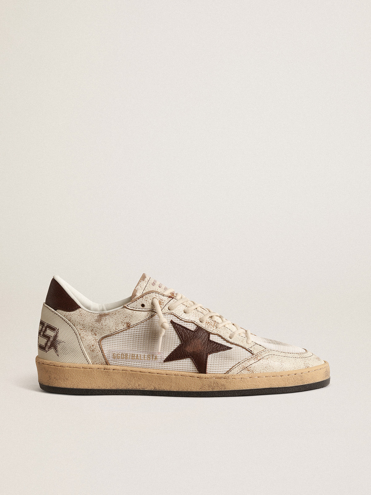 Ball Star LTD in ecru leather and white mesh with brown star| Golden Goose