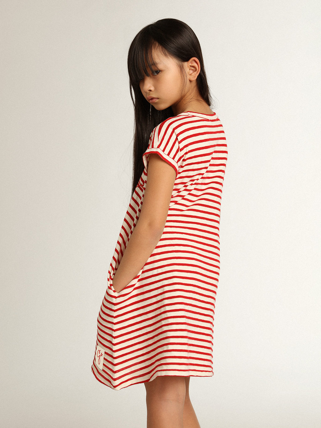 Mini dress with white and red stripes and embroidery on the front| Golden Goose