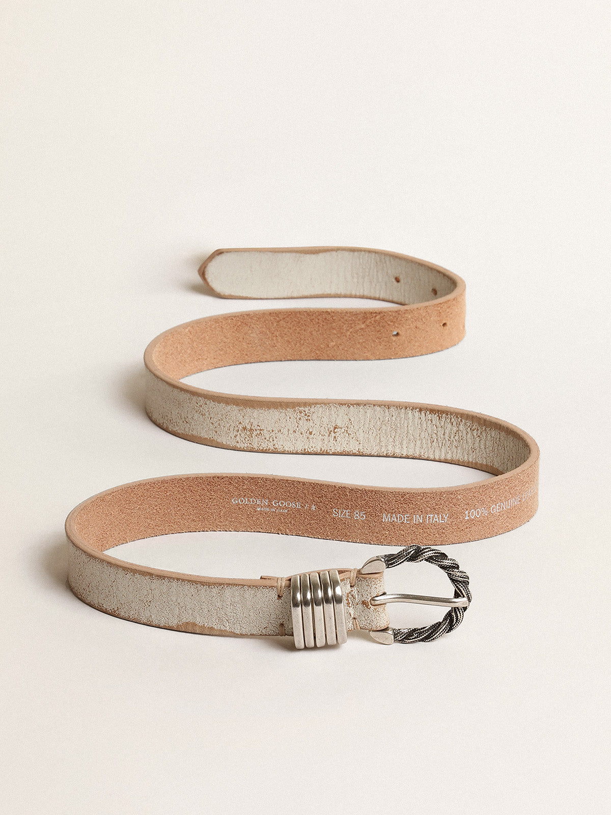 White and beige belt with silver colored braided buckle| Golden Goose