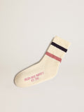 Worn white Kids socks with distressed details and two-tone lilac and blue stripes| Golden Goose