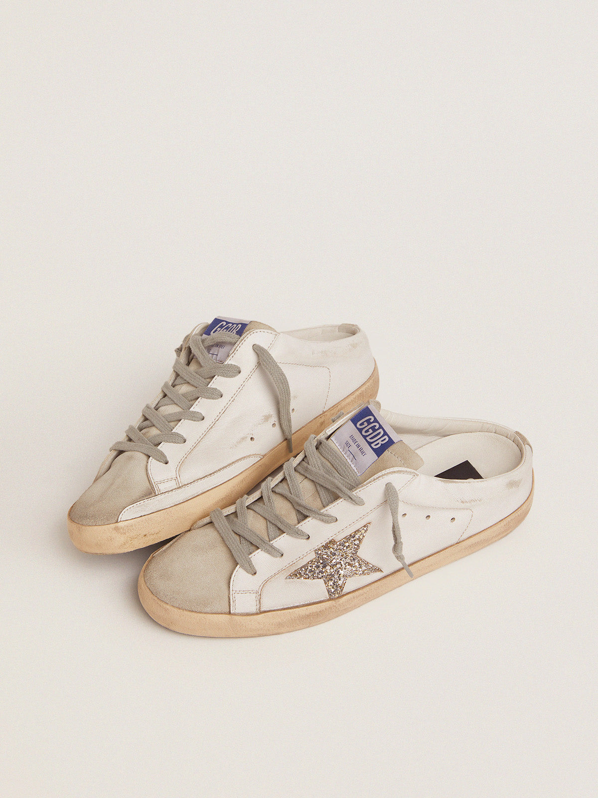 Super-Star Sabots in white leather and gray suede with silver glitter star| Golden Goose