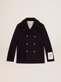 Men's double-breasted coat in dark blue wool with gold buttons| Golden Goose