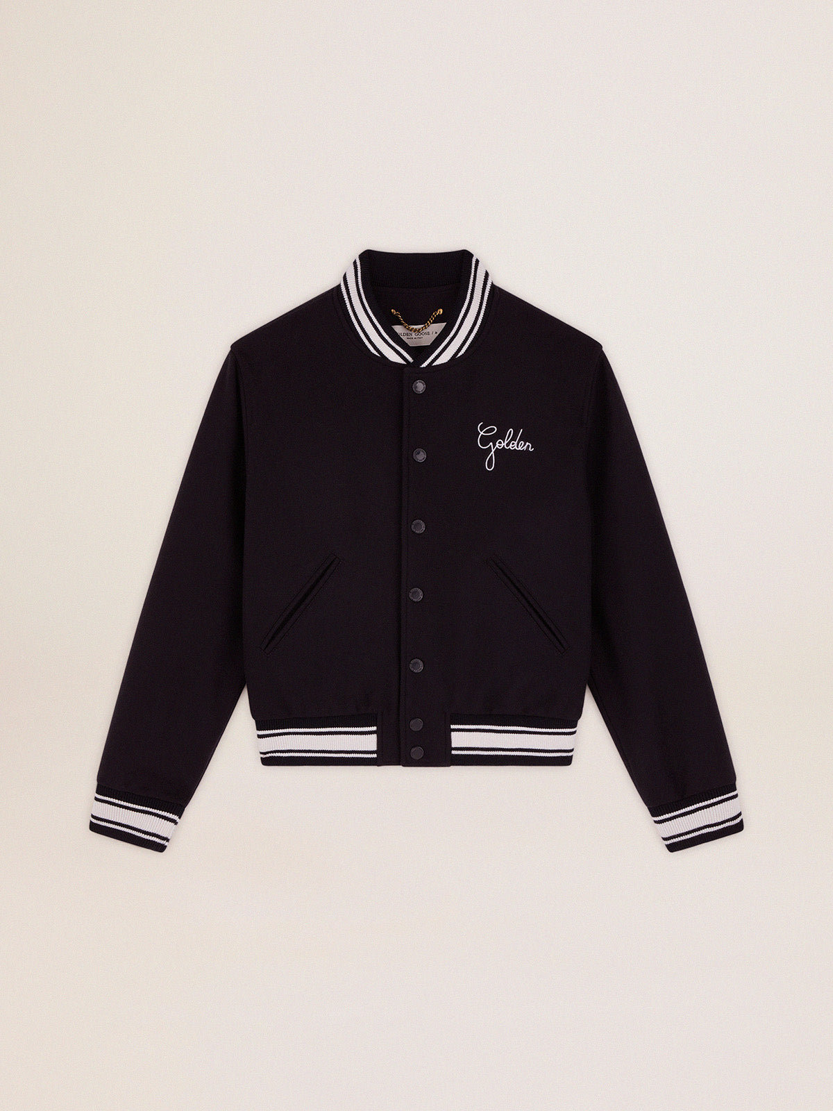 Women's bomber jacket in dark blue wool with white details| Golden Goose