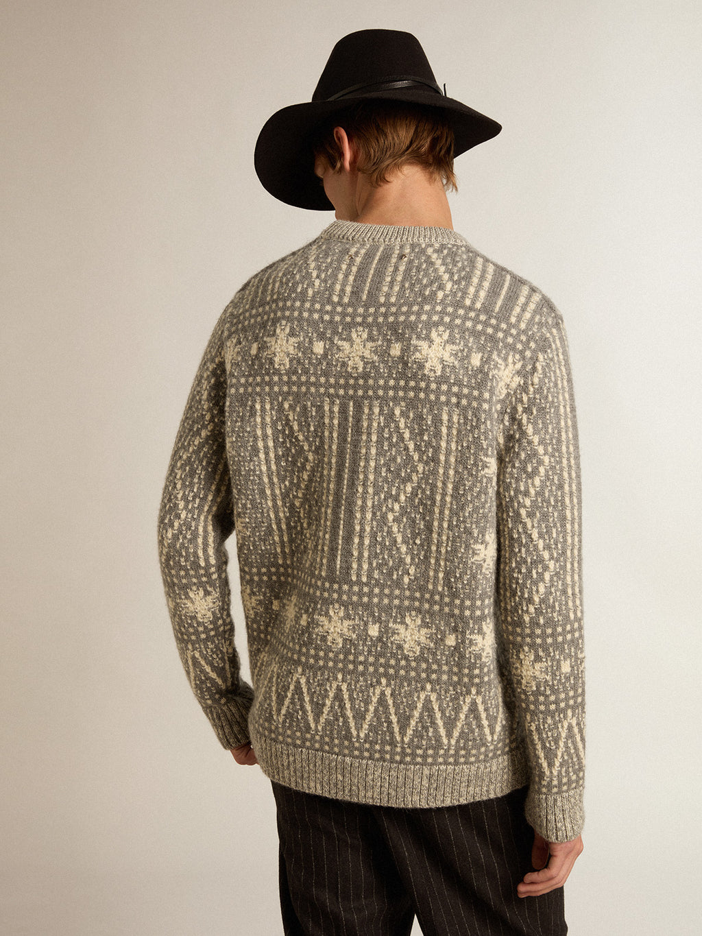 Round-neck sweater with gray Fair Isle motif| Golden Goose