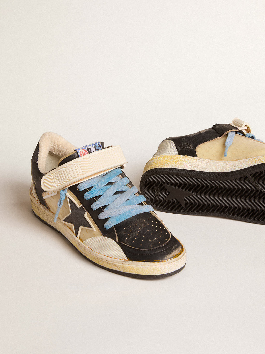 Women's Ball Star Pro in black leather with Velcro strap| Golden Goose
