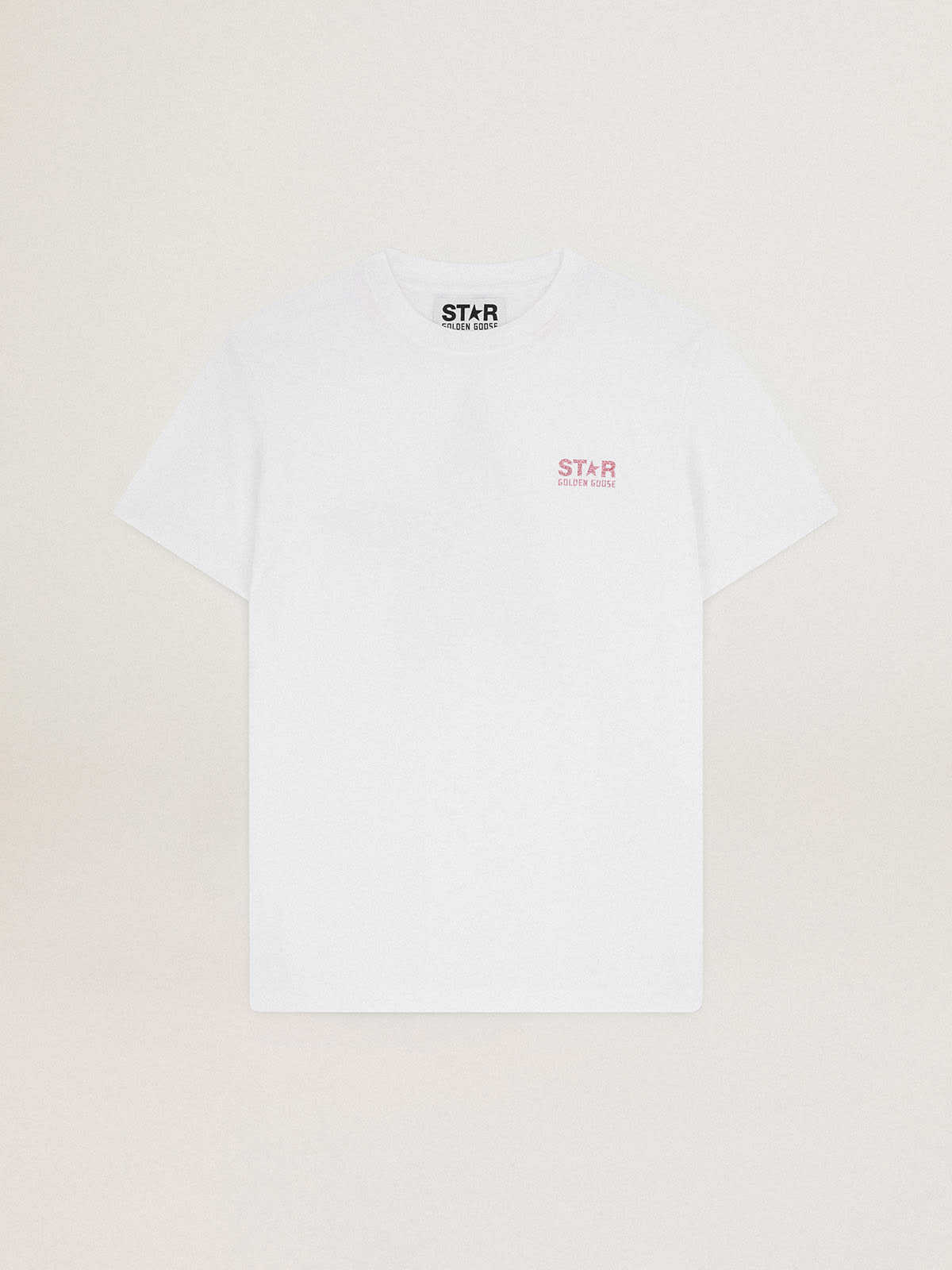 Women's white T-shirt with pink glitter logo and star| Golden Goose