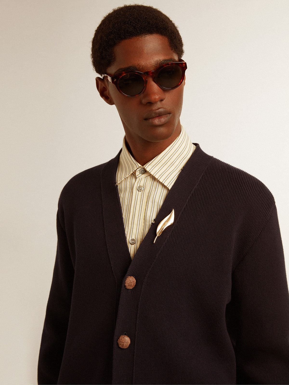 Golden Collection cardigan in dark blue cotton with a distressed finish| Golden Goose