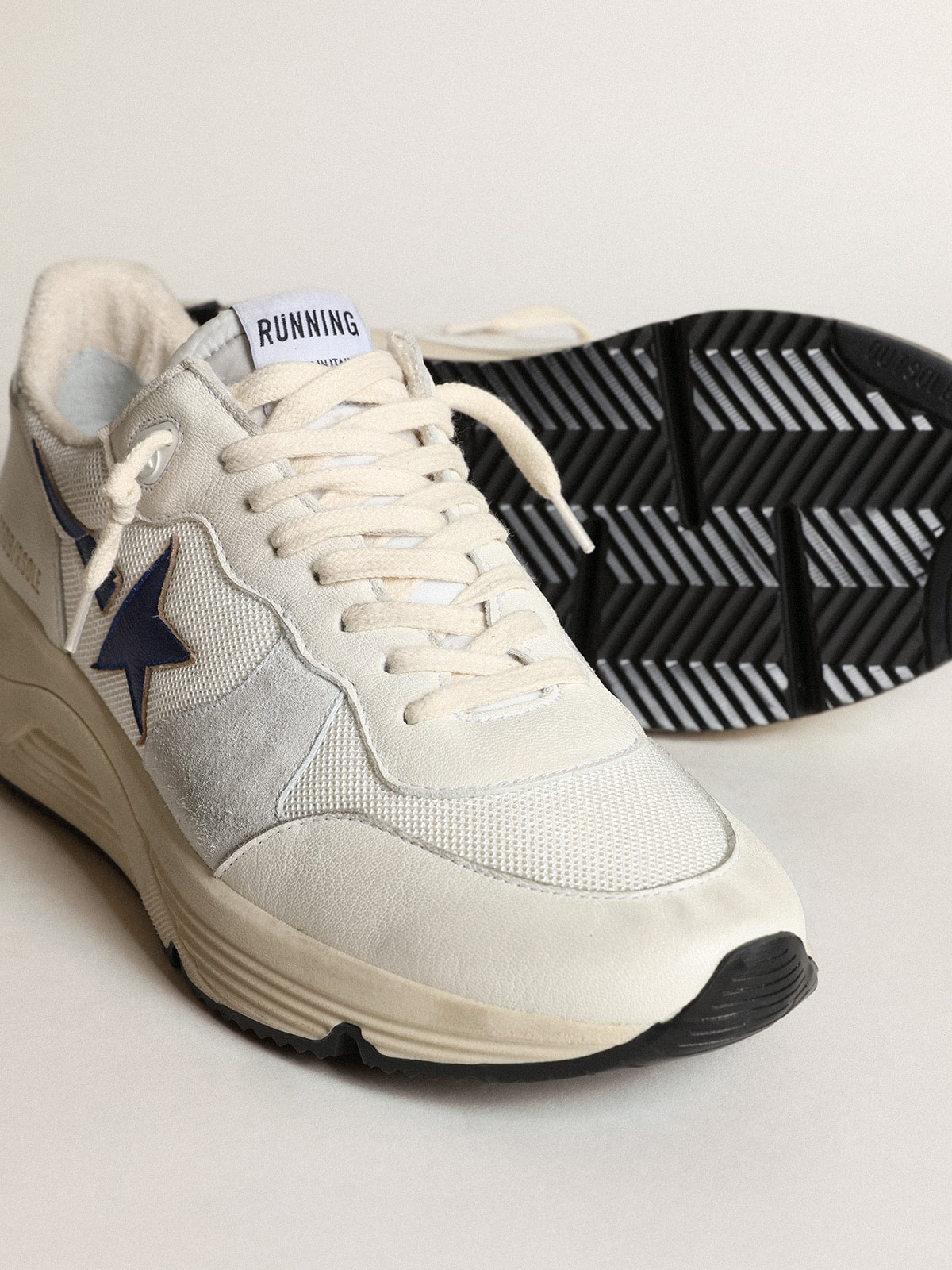 Running Sole in white mesh and nappa leather with a blue star| Golden Goose