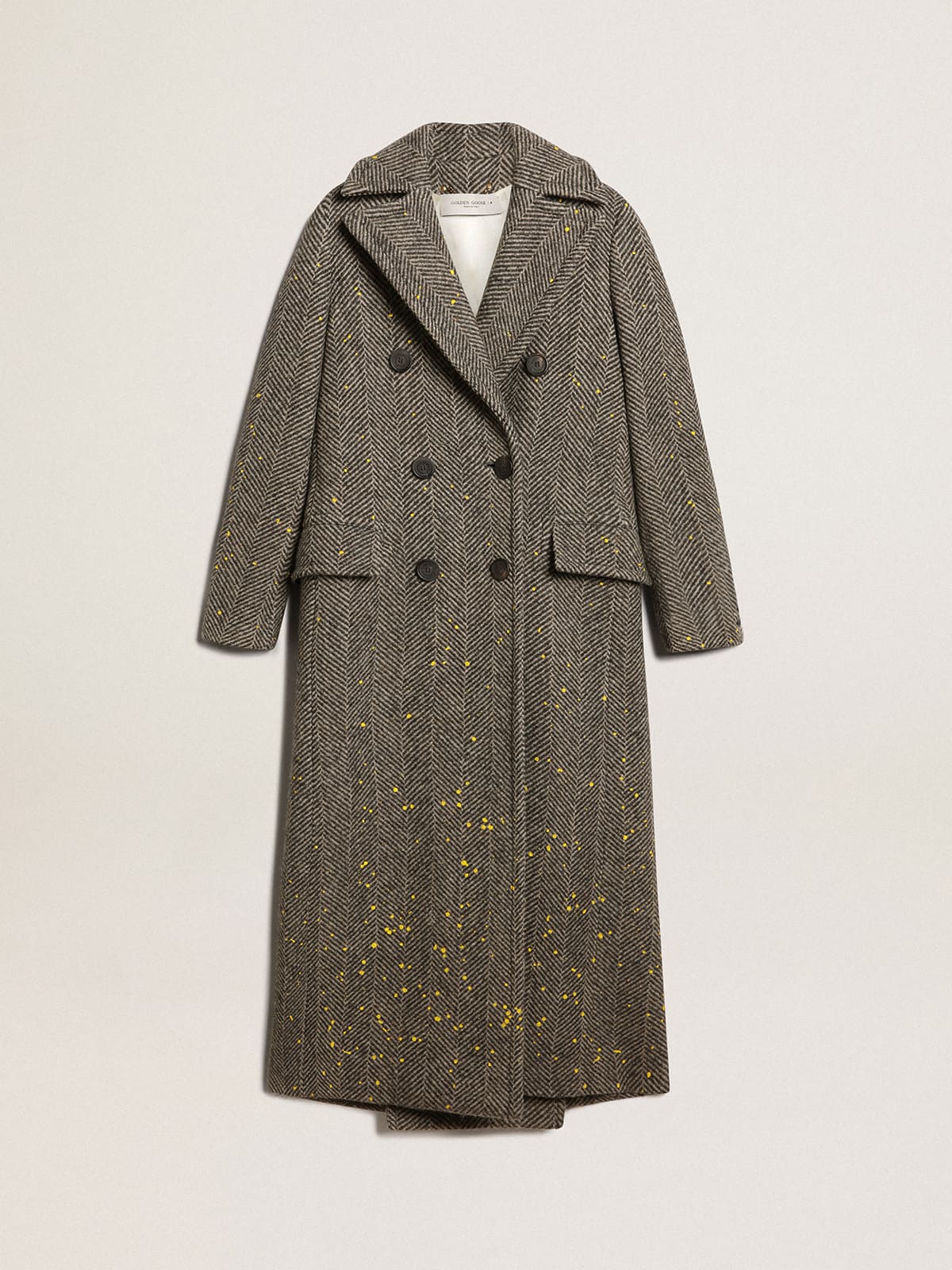 Women's long herringbone coat with yellow details| Golden Goose