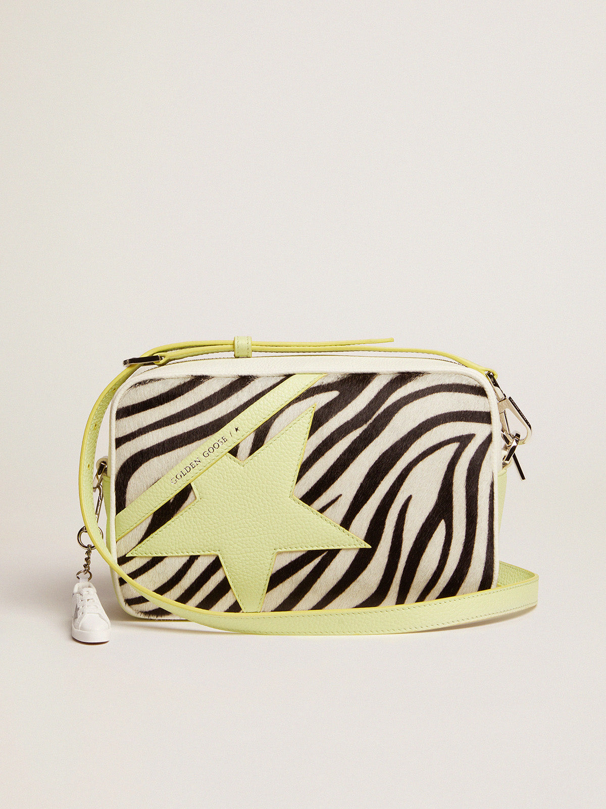 Star Bag in white and lime hammered leather with zebra-print pony skin insert and lime-colored leather star| Golden Goose
