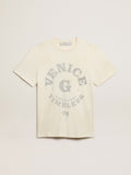 Men's cotton T-shirt in aged white with faded lettering| Golden Goose