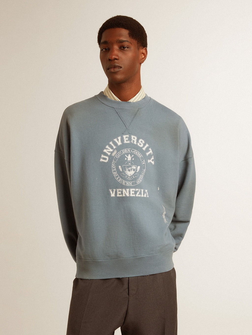 Oversized sweatshirt in baby blue with distressed finish| Golden Goose