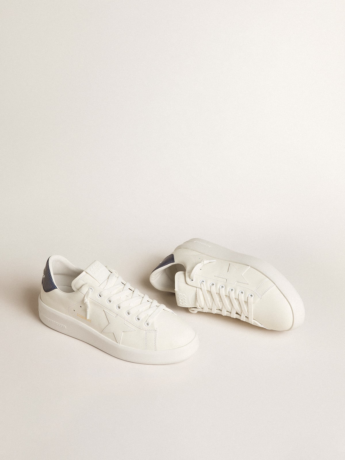Men's Purestar in leather with white star and blue lizard leather heel tab| Golden Goose