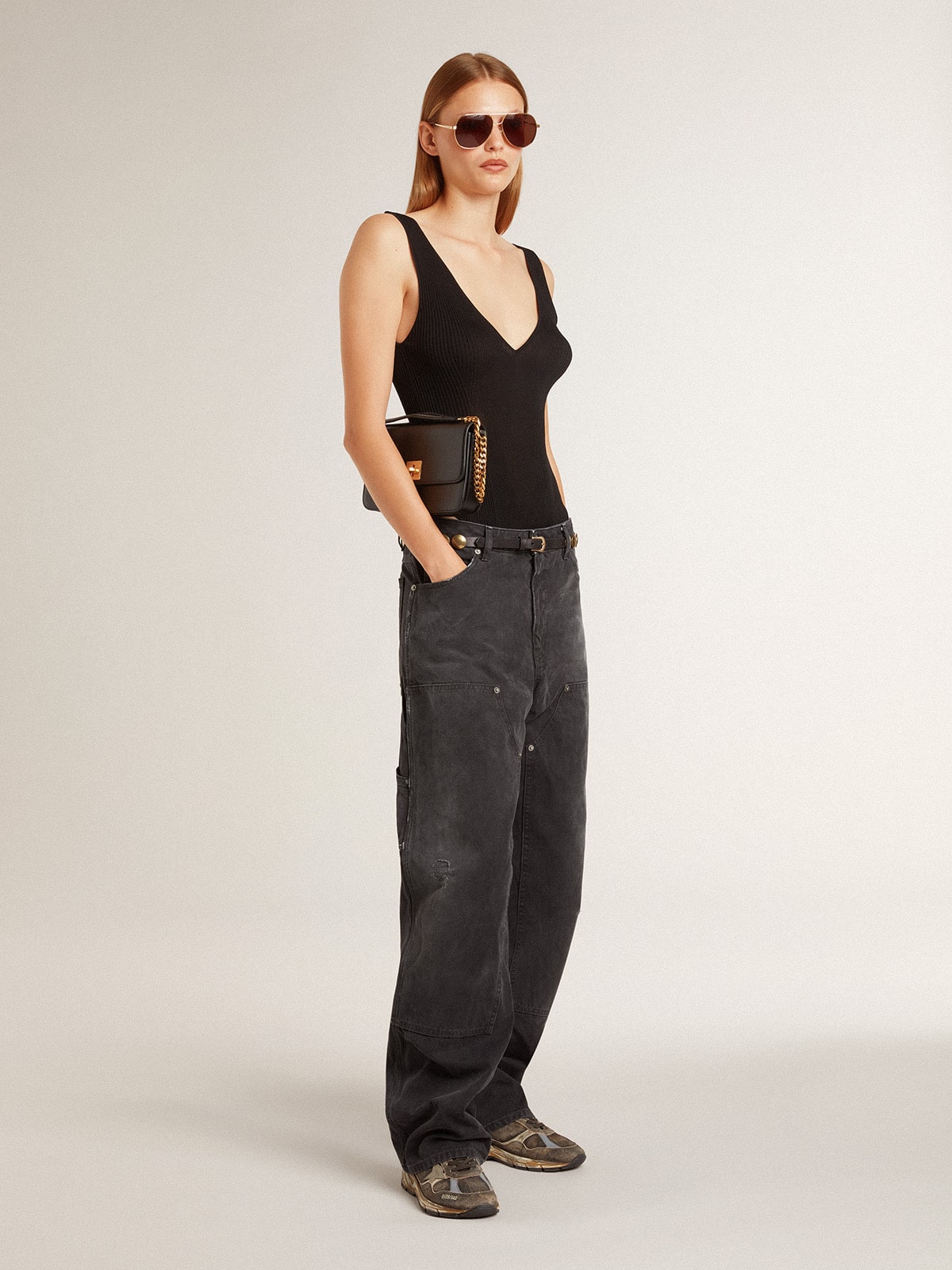 Women's distressed black cotton jeans with front patches| Golden Goose