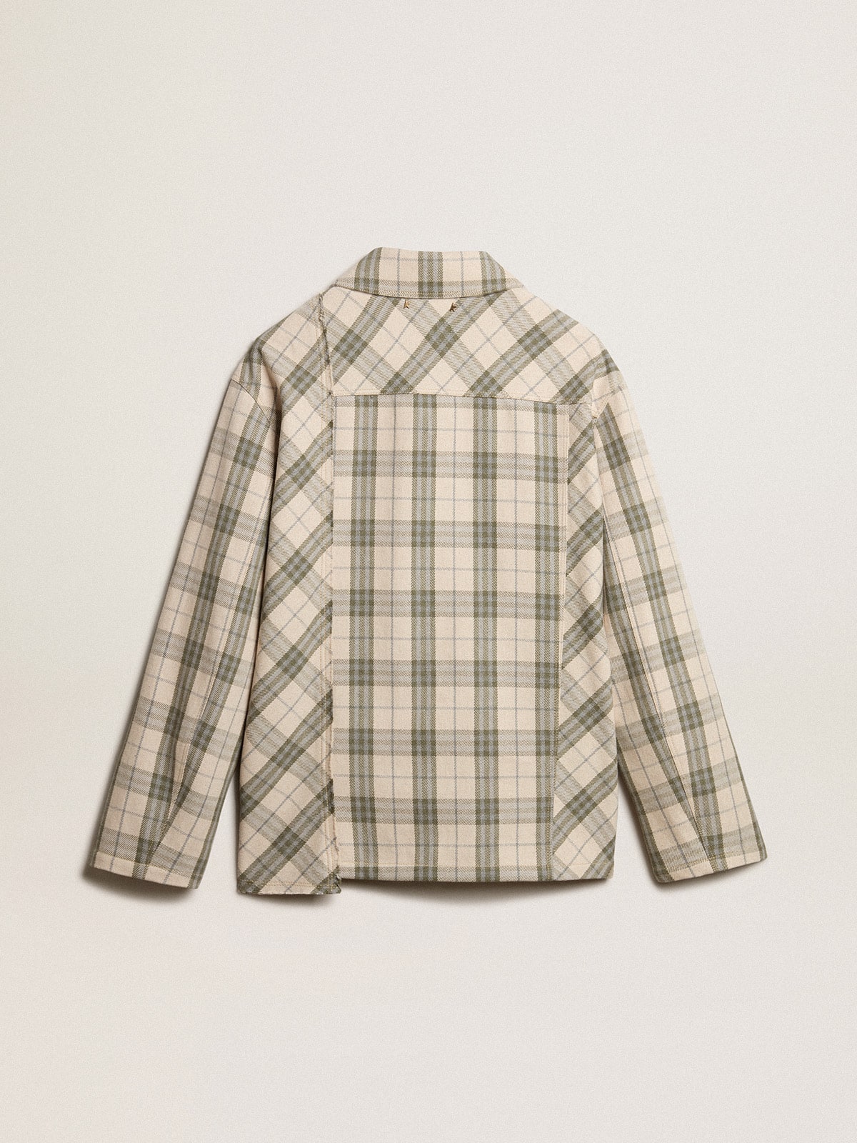 Men's slim-fit shirt made of ecru and green cotton flannel