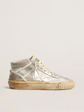 Men's Mid Star in silver metallic leather with ivory star| Golden Goose
