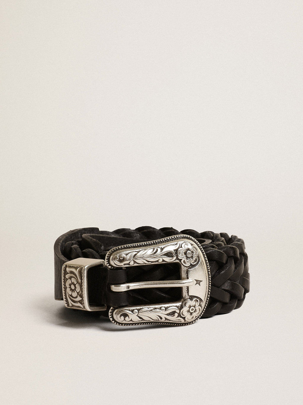 Belt in black braided leather with silver color buckle| Golden Goose