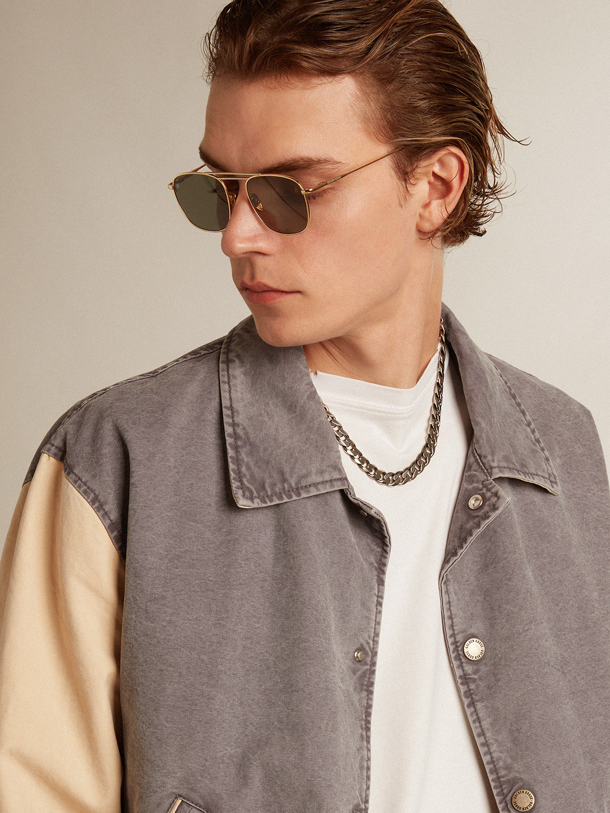 Bomber jacket in lilac-gray and marzipan-colored cotton| Golden Goose