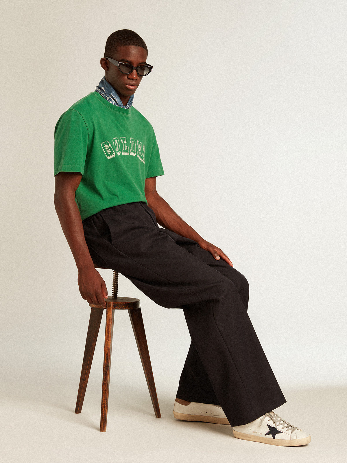 Super-Star with blue canvas star and tobacco leather heel tab| Golden Goose