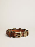 Trinidad belt in aged tan-colored leather with golden maxi studs| Golden Goose