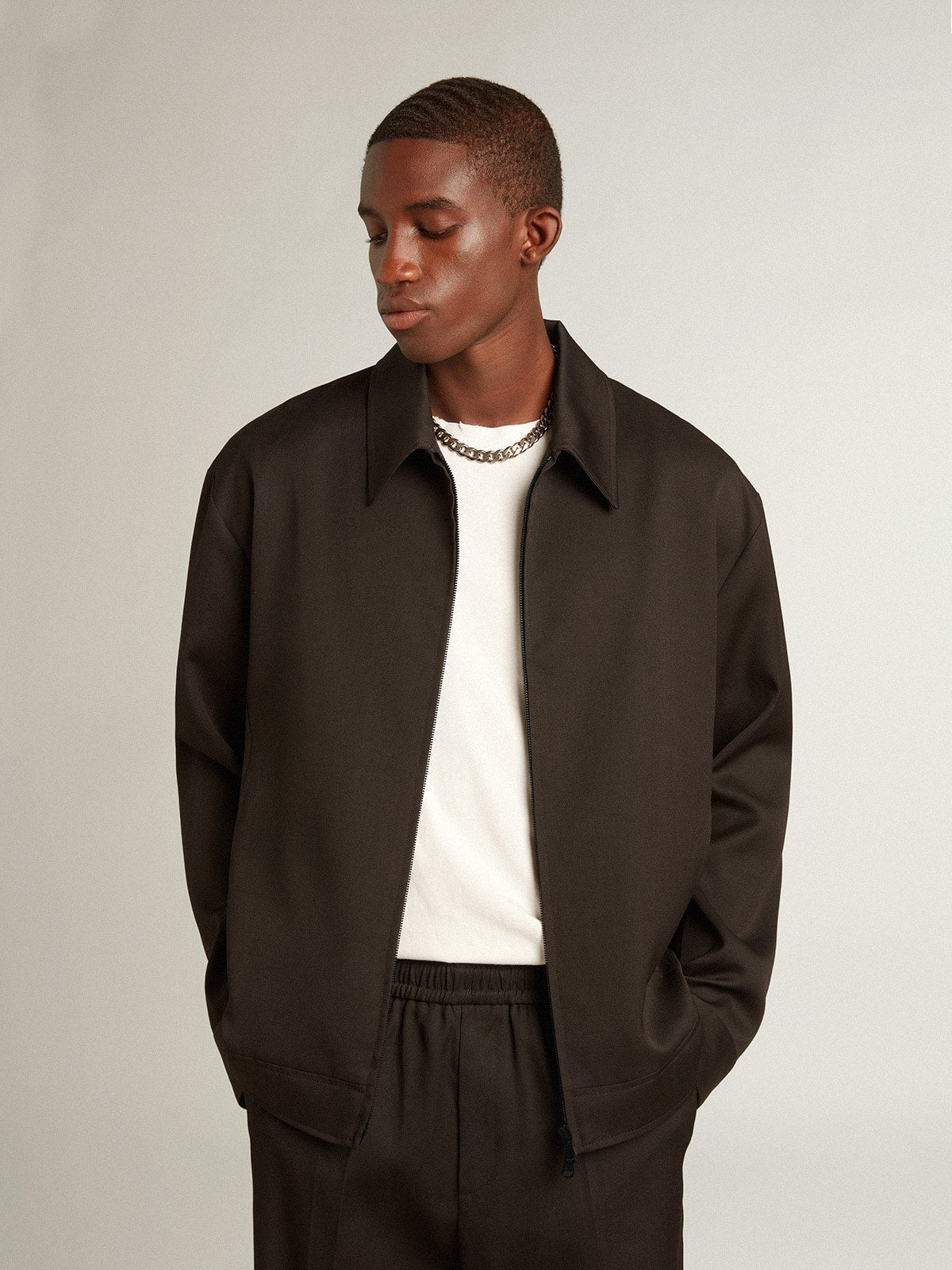 Men's zip-up jacket in black wool gabardine| Golden Goose
