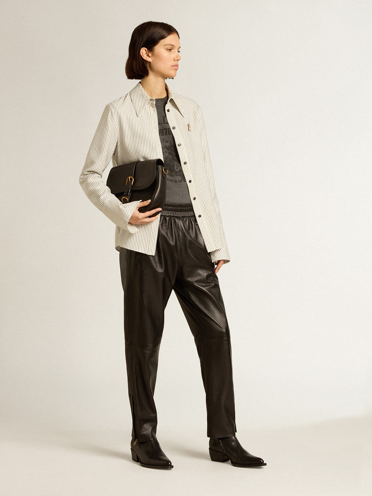 Women's white viscose shirt with narrow black stripes| Golden Goose