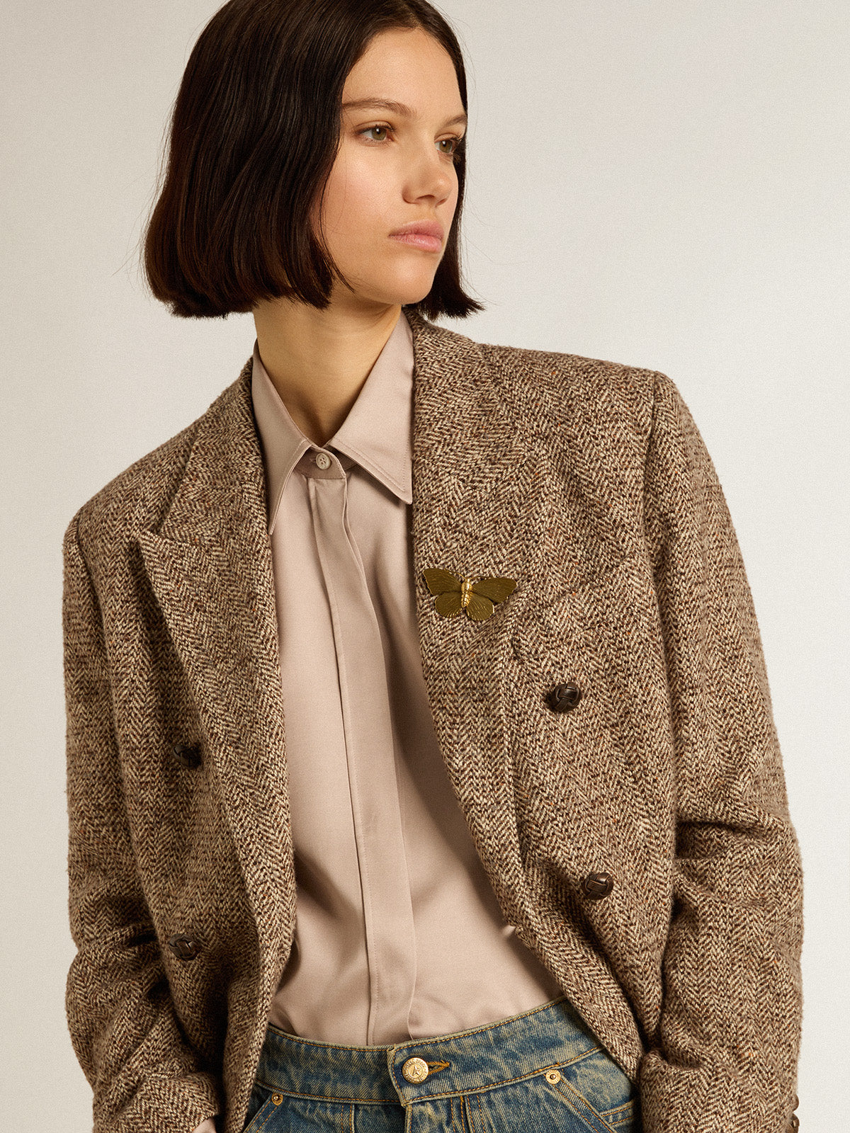 Women's brown double-breasted blazer with button fastening| Golden Goose