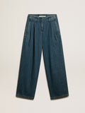 Women's blue cotton pleated pants| Golden Goose