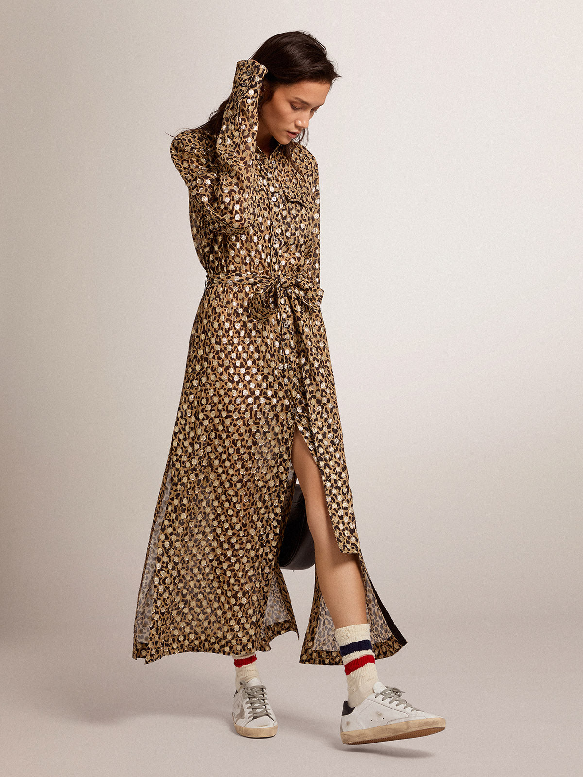 Women's shirt dress with animal print and gold fil coupé| Golden Goose
