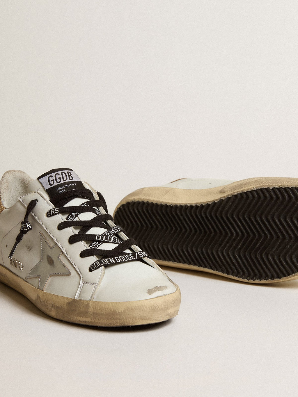Women's white leather Super-Star sneakers with glittery heel tab| Golden Goose