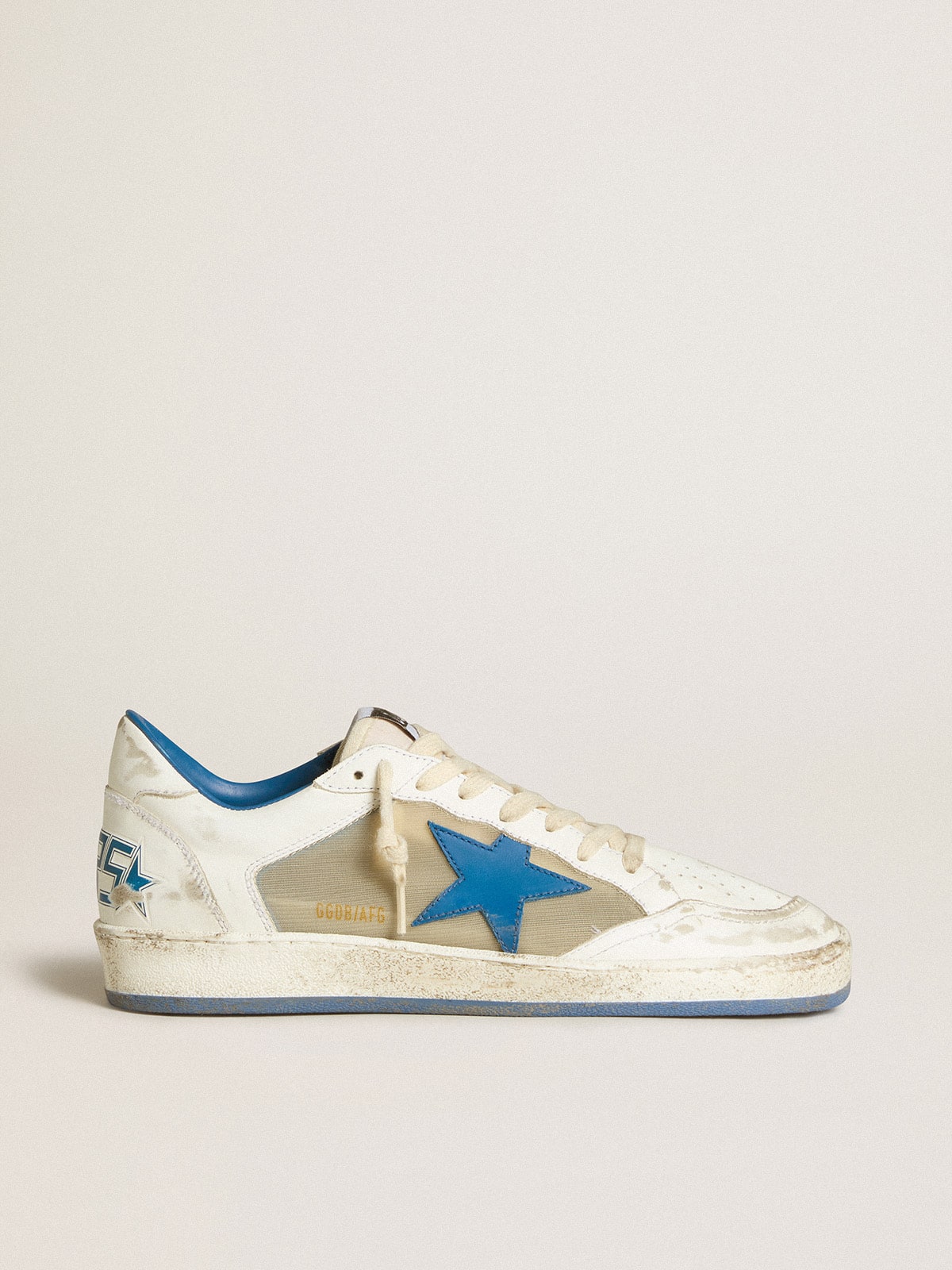 Men's Ball Star LAB in white leather with light blue leather star and white heel tab| Golden Goose