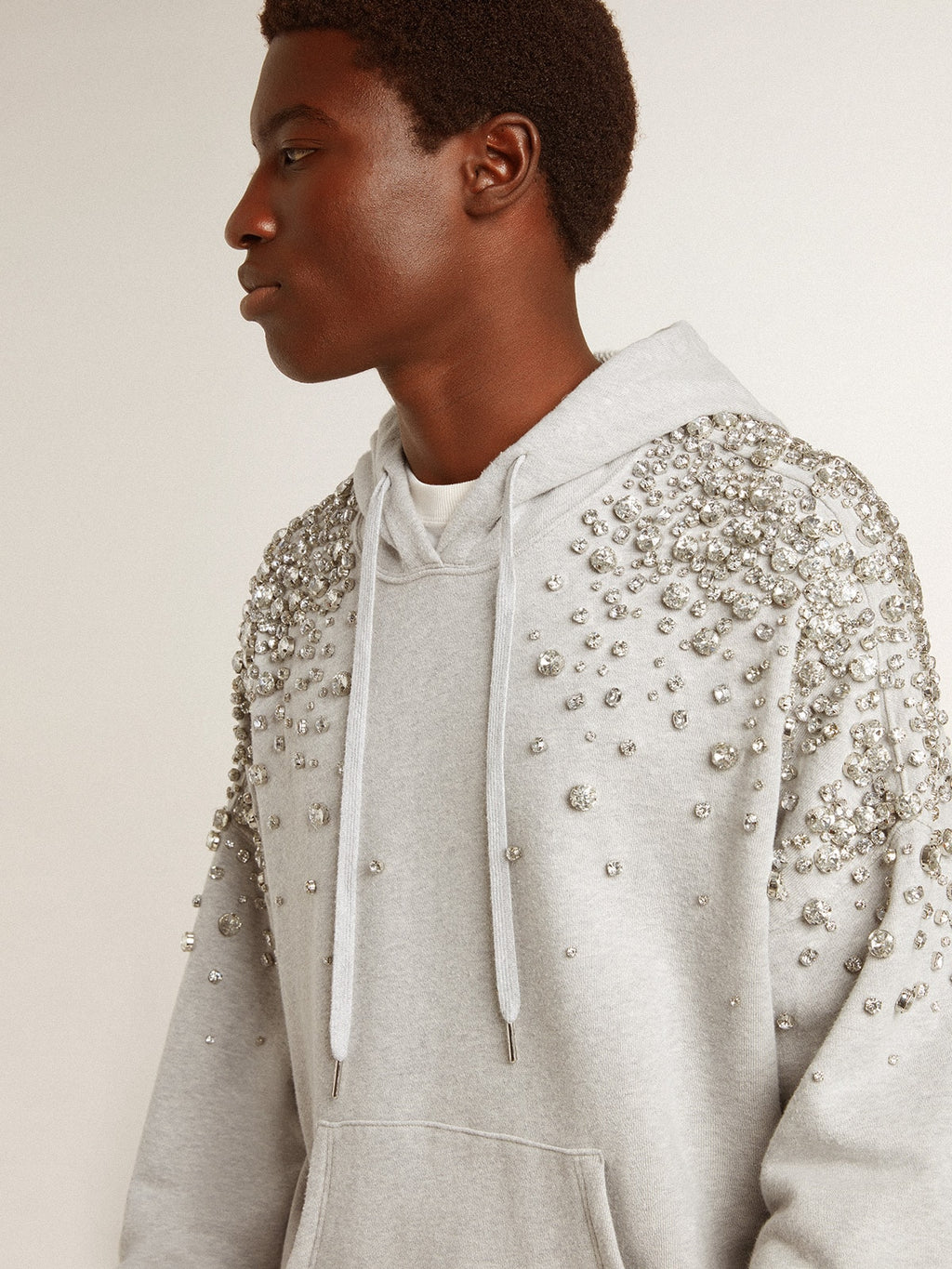 Gray hooded sweatshirt with crystal decoration| Golden Goose