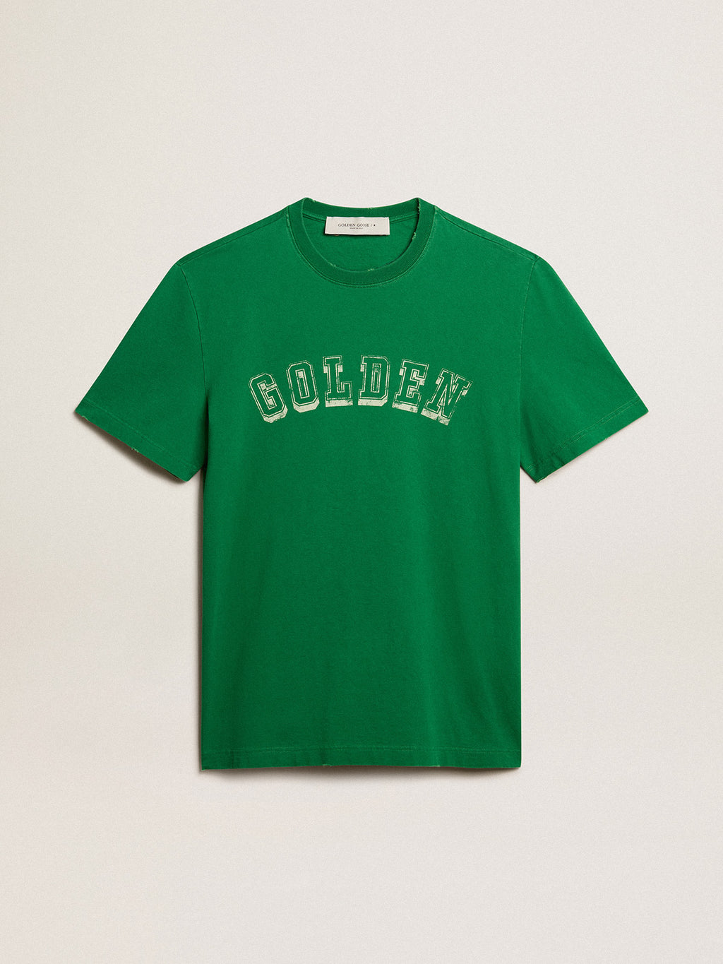Men's green cotton T-shirt with lettering at the center| Golden Goose