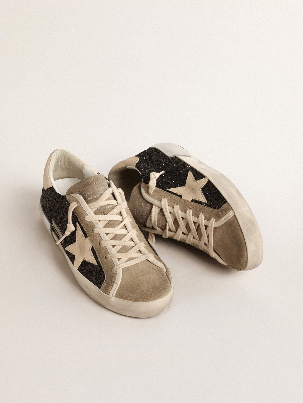 Super-Star in black glitter with cream star and suede inserts| Golden Goose