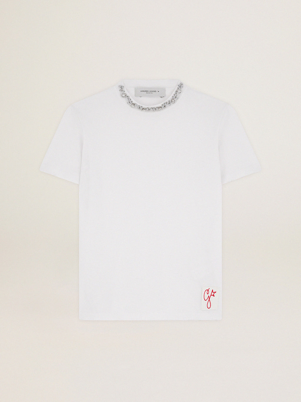 Women's white T-shirt with cabochon crystals| Golden Goose