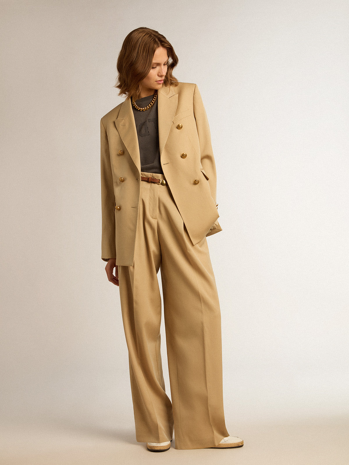 Women's wool gabardine pants in sand| Golden Goose