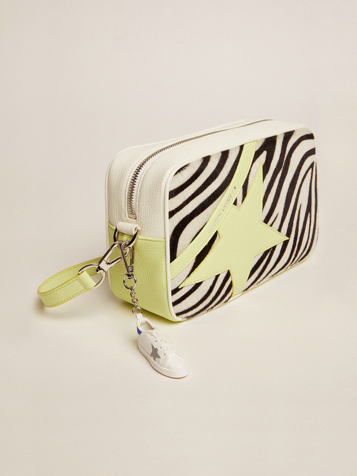 Star Bag in white and lime hammered leather with zebra-print pony skin insert and lime-colored leather star| Golden Goose