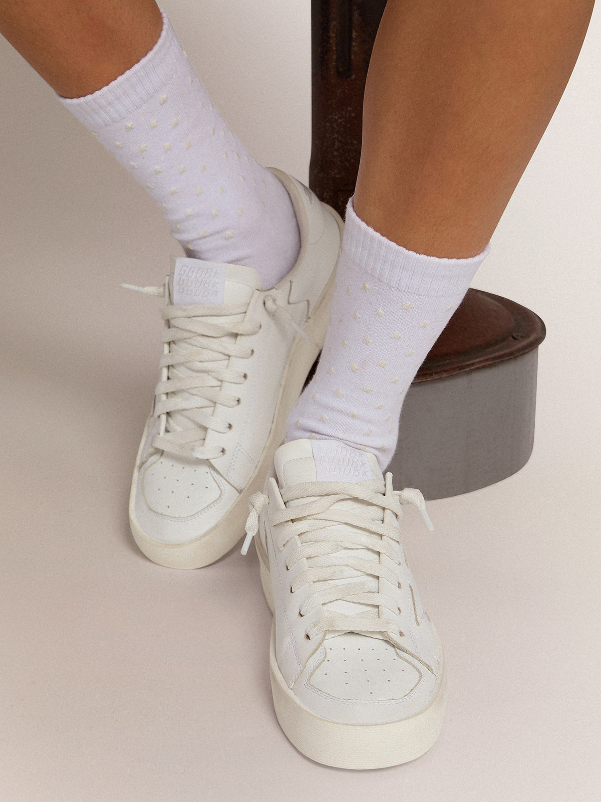 White socks with contrasting 3D stars and logo| Golden Goose