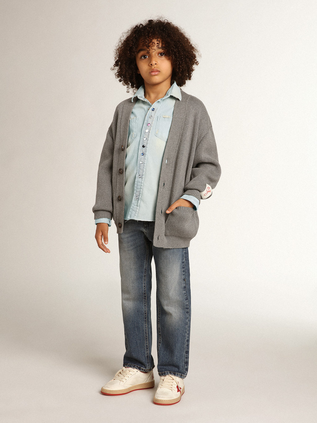 Gray cotton cardigan with logo on the back| Golden Goose
