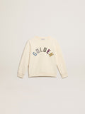 Sweatshirt in aged white with multicolor Golden lettering on the front| Golden Goose